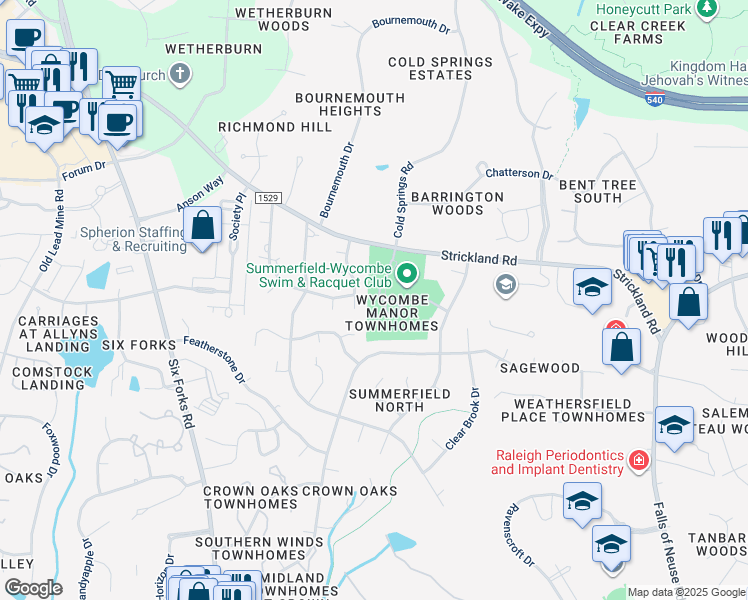map of restaurants, bars, coffee shops, grocery stores, and more near 8407 Wycombe Lane in Raleigh