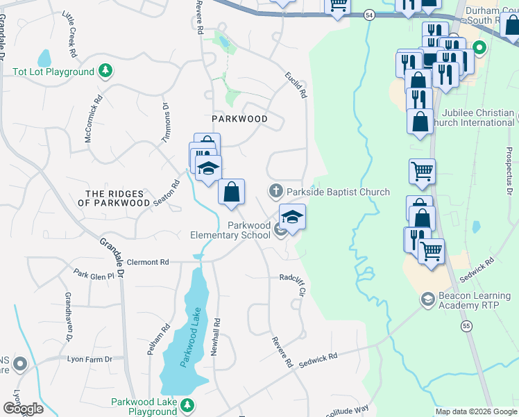 map of restaurants, bars, coffee shops, grocery stores, and more near 1509 Clermont Road in Durham