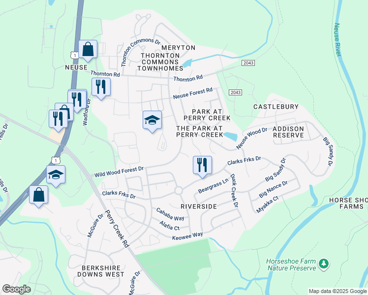 map of restaurants, bars, coffee shops, grocery stores, and more near 8420 Wild Wood Forest Drive in Raleigh