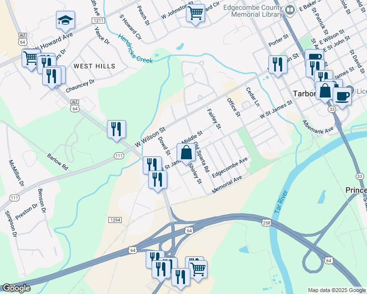 map of restaurants, bars, coffee shops, grocery stores, and more near 409 Middle Street in Tarboro