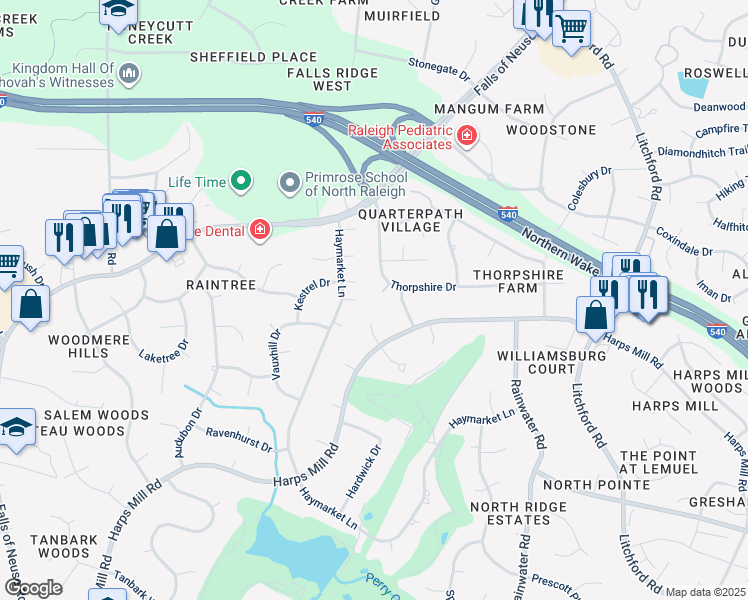 map of restaurants, bars, coffee shops, grocery stores, and more near 8501 Bannister Court in Raleigh