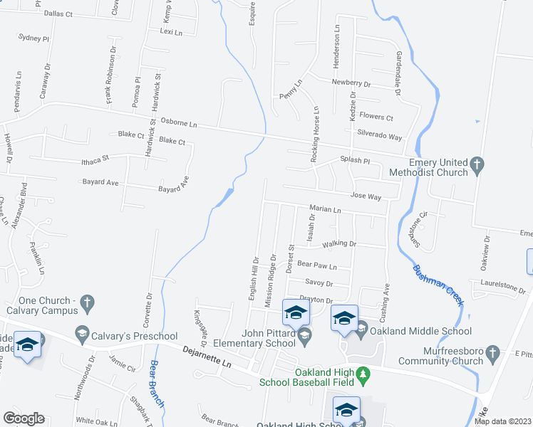 map of restaurants, bars, coffee shops, grocery stores, and more near 2638 English Hill Drive in Murfreesboro