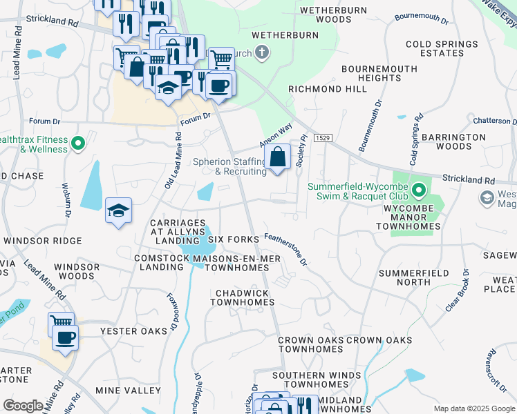 map of restaurants, bars, coffee shops, grocery stores, and more near 7931 Monument Lane in Raleigh