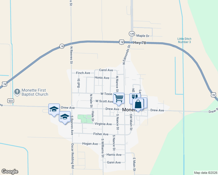 map of restaurants, bars, coffee shops, grocery stores, and more near 211 Stewart Street in Monette