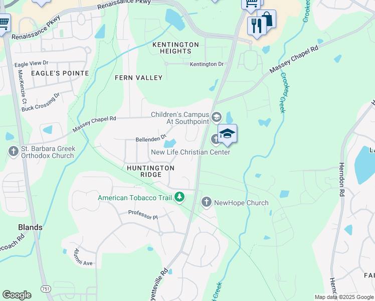 map of restaurants, bars, coffee shops, grocery stores, and more near 1208 Caribou Crossing in Durham