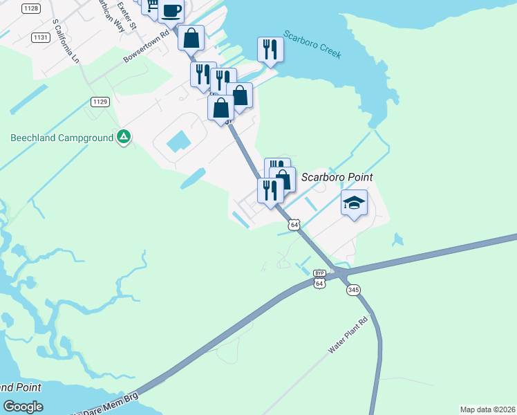 map of restaurants, bars, coffee shops, grocery stores, and more near 812 U.S. Highway 64 in Manteo