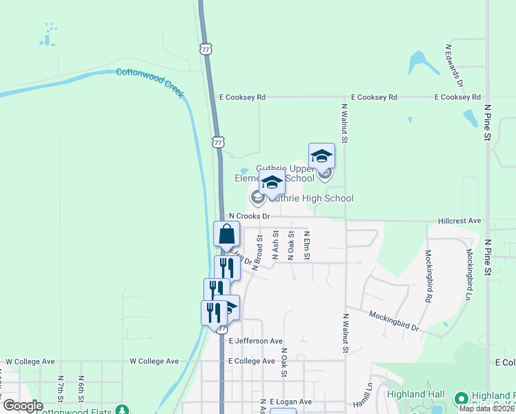 map of restaurants, bars, coffee shops, grocery stores, and more near 200 North Crooks Drive in Guthrie