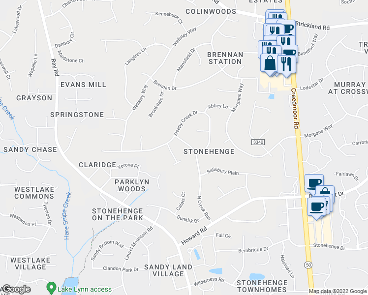 map of restaurants, bars, coffee shops, grocery stores, and more near 8309 North Creek Run in Raleigh