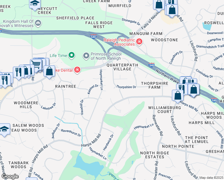 map of restaurants, bars, coffee shops, grocery stores, and more near 8501 Bannister Court in Raleigh