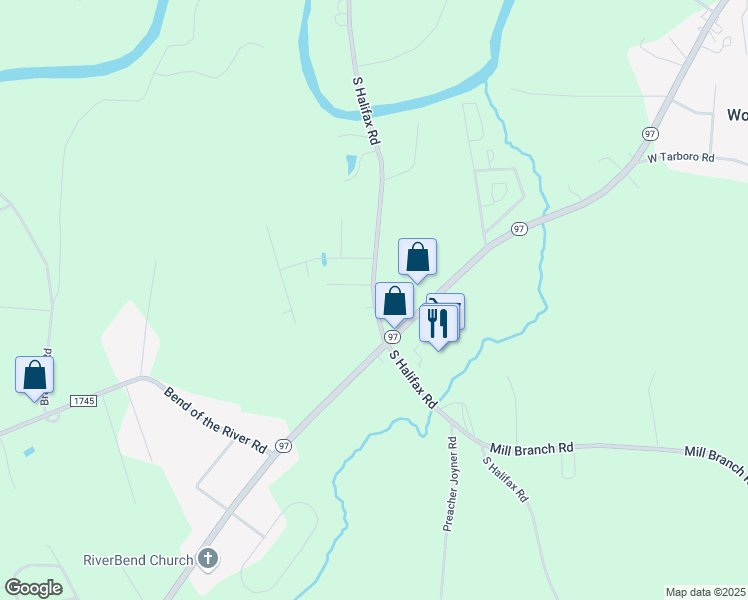 map of restaurants, bars, coffee shops, grocery stores, and more near 5228 South Halifax Road in Rocky Mount