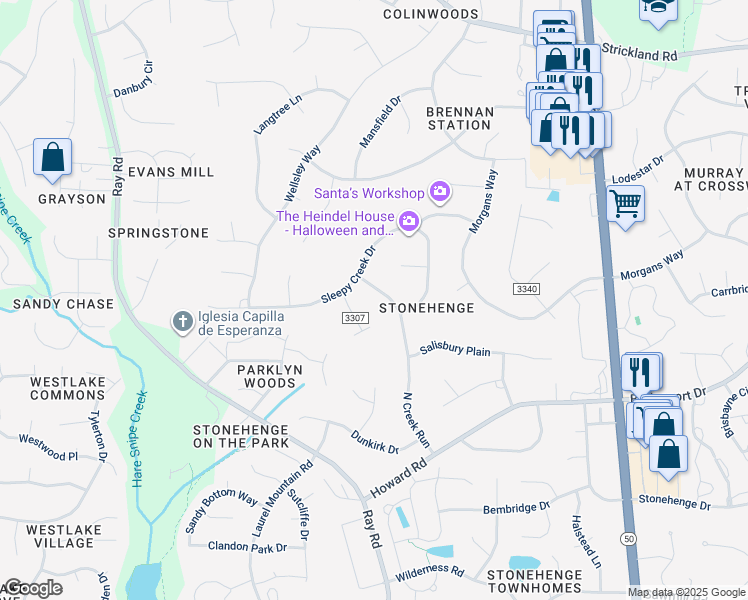 map of restaurants, bars, coffee shops, grocery stores, and more near 8309 North Creek Run in Raleigh