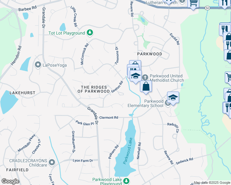 map of restaurants, bars, coffee shops, grocery stores, and more near 1304 Seaton Road in Durham