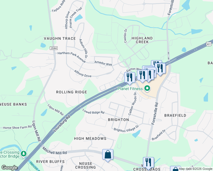 map of restaurants, bars, coffee shops, grocery stores, and more near 8331 Hollister Hills Drive in Raleigh