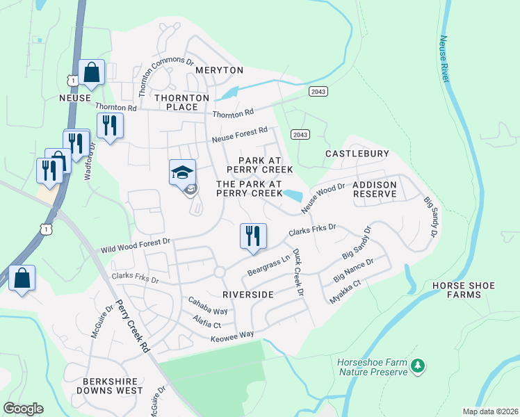 map of restaurants, bars, coffee shops, grocery stores, and more near 5316 Neuse Wood Drive in Raleigh