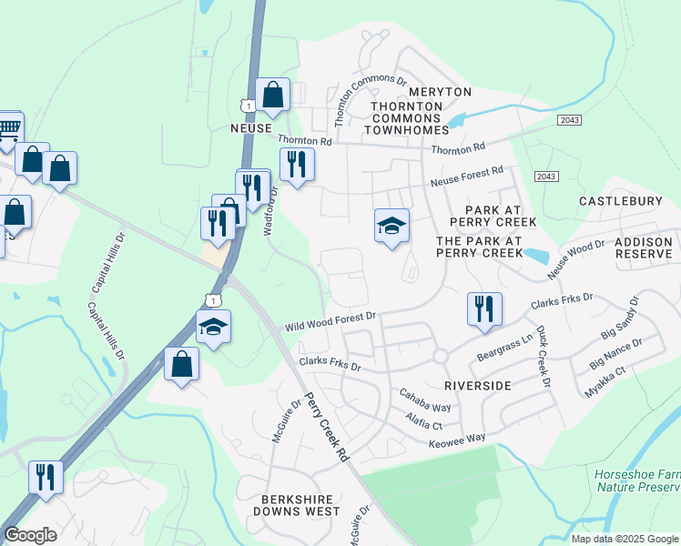 map of restaurants, bars, coffee shops, grocery stores, and more near 8340 Carriage Pine Drive in Raleigh