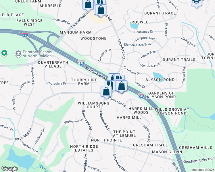 map of restaurants, bars, coffee shops, grocery stores, and more near 8328 Bellingham Circle in Raleigh