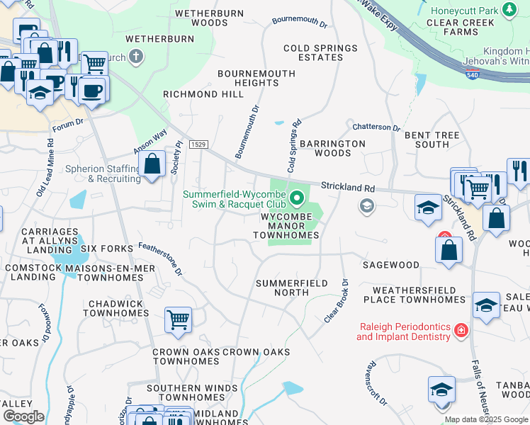 map of restaurants, bars, coffee shops, grocery stores, and more near 8416 Baileycroft Drive in Raleigh