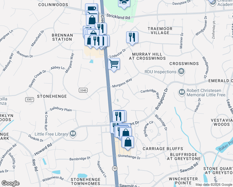 map of restaurants, bars, coffee shops, grocery stores, and more near 7639 Falcon Rest Circle in Raleigh