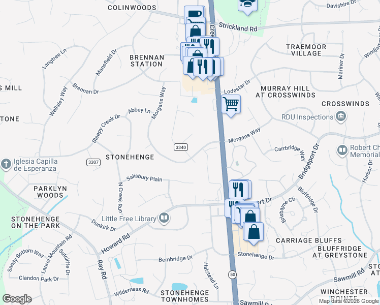 map of restaurants, bars, coffee shops, grocery stores, and more near 8220 Morgans Way in Raleigh