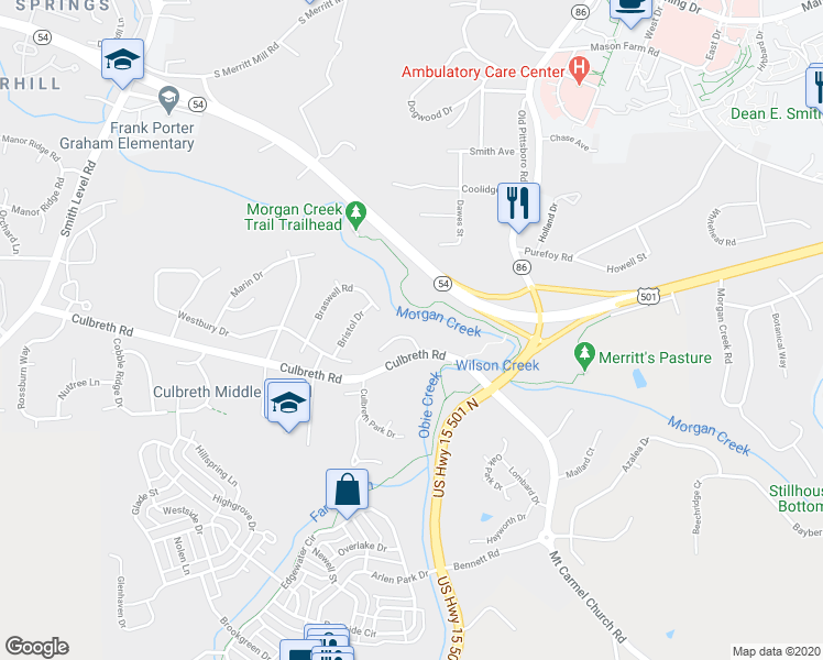 map of restaurants, bars, coffee shops, grocery stores, and more near 108 Channing Lane in Chapel Hill