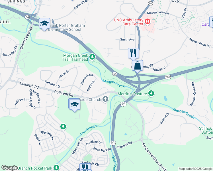 map of restaurants, bars, coffee shops, grocery stores, and more near 108 Channing Lane in Chapel Hill
