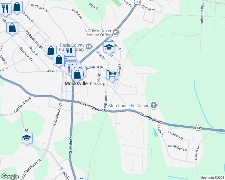 map of restaurants, bars, coffee shops, grocery stores, and more near 496 East Depot Street in Mocksville