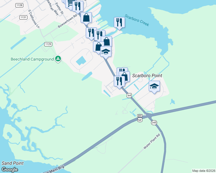 map of restaurants, bars, coffee shops, grocery stores, and more near 517 Cypress Lane in Manteo