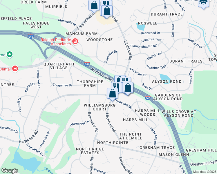 map of restaurants, bars, coffee shops, grocery stores, and more near 8321 Bellingham Circle in Raleigh