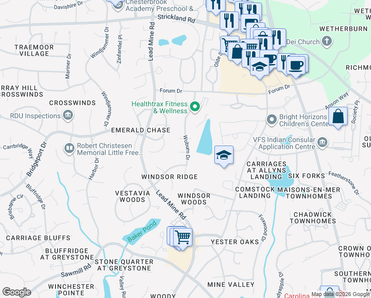 map of restaurants, bars, coffee shops, grocery stores, and more near 8230 Woburn Drive in Raleigh