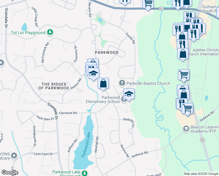 map of restaurants, bars, coffee shops, grocery stores, and more near 5141 Revere Road in Durham