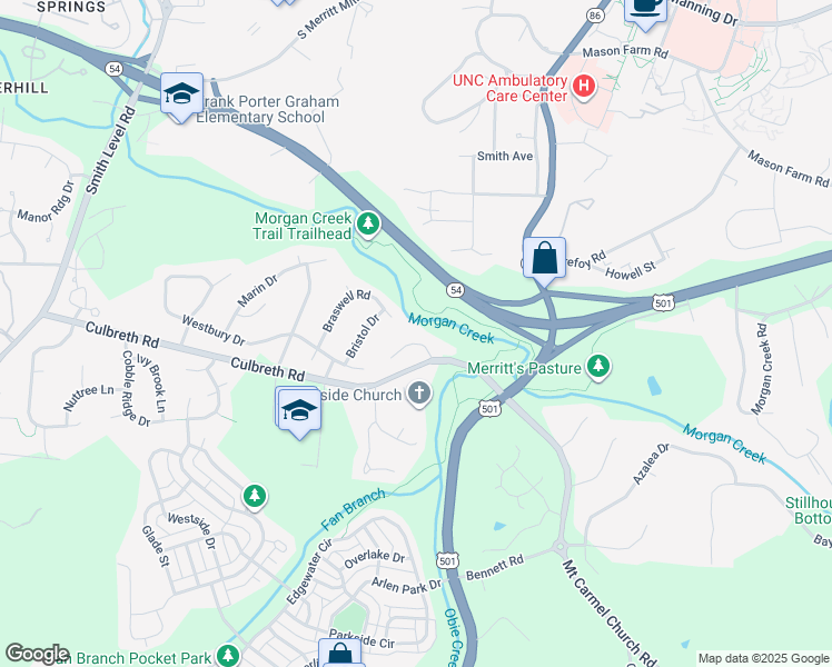 map of restaurants, bars, coffee shops, grocery stores, and more near 104 Braswell Court in Chapel Hill