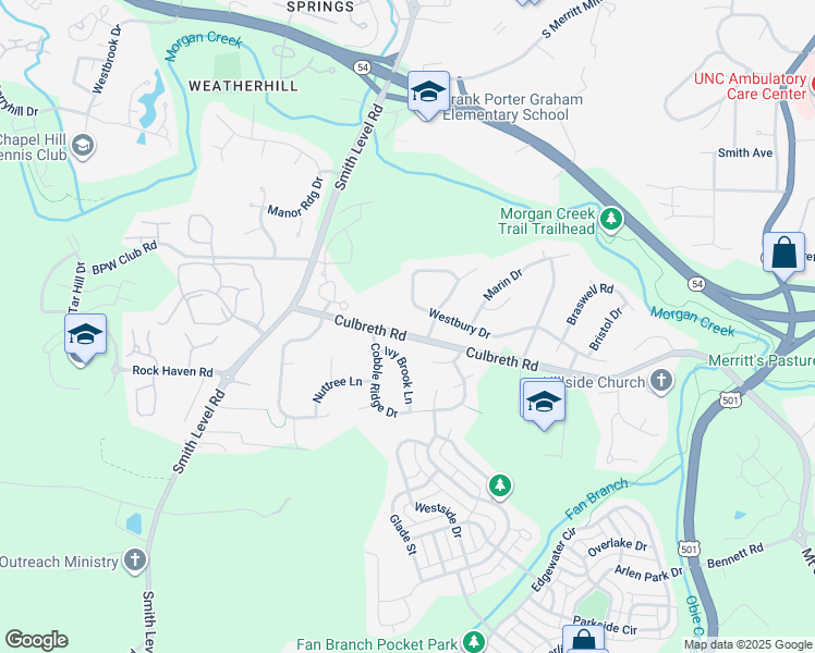 map of restaurants, bars, coffee shops, grocery stores, and more near 250 Culbreth Road in Chapel Hill