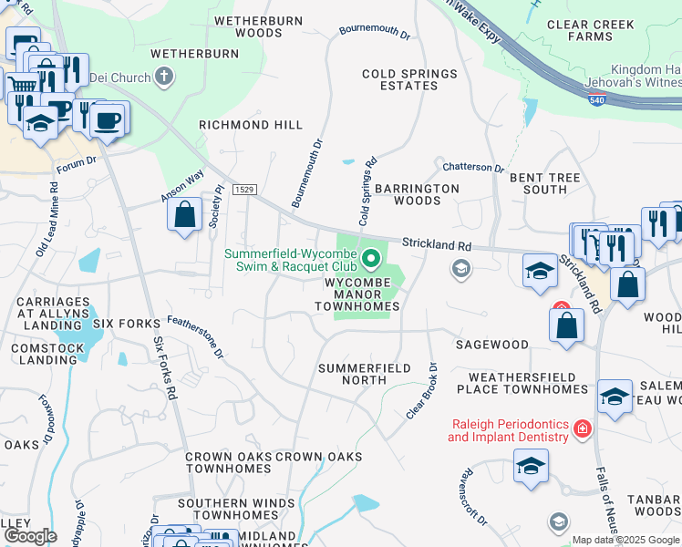 map of restaurants, bars, coffee shops, grocery stores, and more near 8417 Wycombe Lane in Raleigh