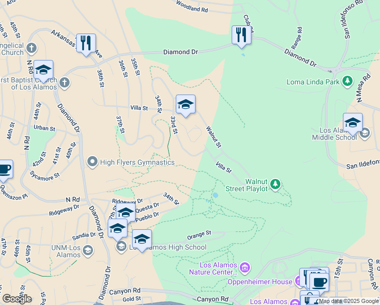map of restaurants, bars, coffee shops, grocery stores, and more near 2132 33rd Street in Los Alamos
