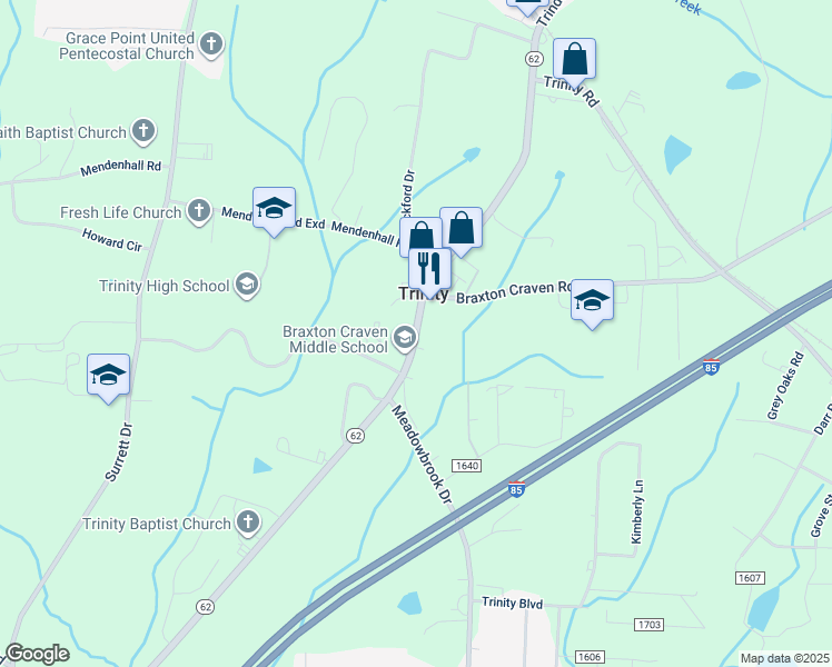 map of restaurants, bars, coffee shops, grocery stores, and more near 7044 North Carolina 62 in Trinity