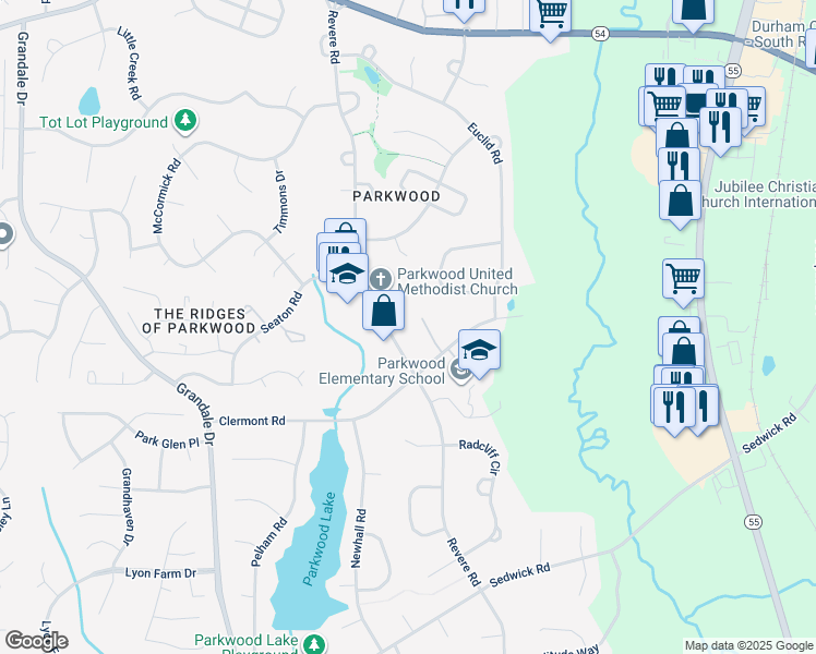 map of restaurants, bars, coffee shops, grocery stores, and more near 5141 Revere Road in Durham