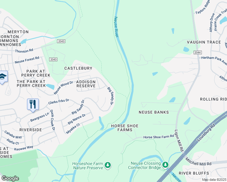 map of restaurants, bars, coffee shops, grocery stores, and more near 6264 Big Sandy Drive in Raleigh