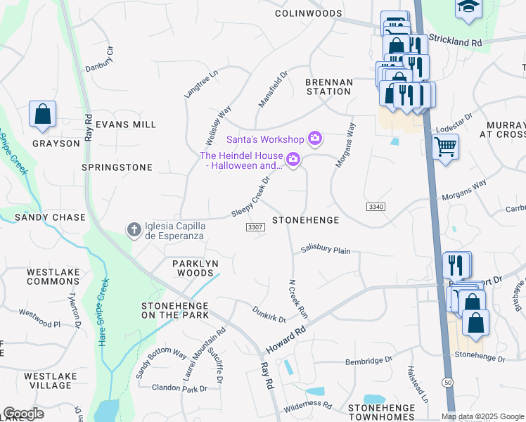 map of restaurants, bars, coffee shops, grocery stores, and more near 8313 North Creek Run in Raleigh