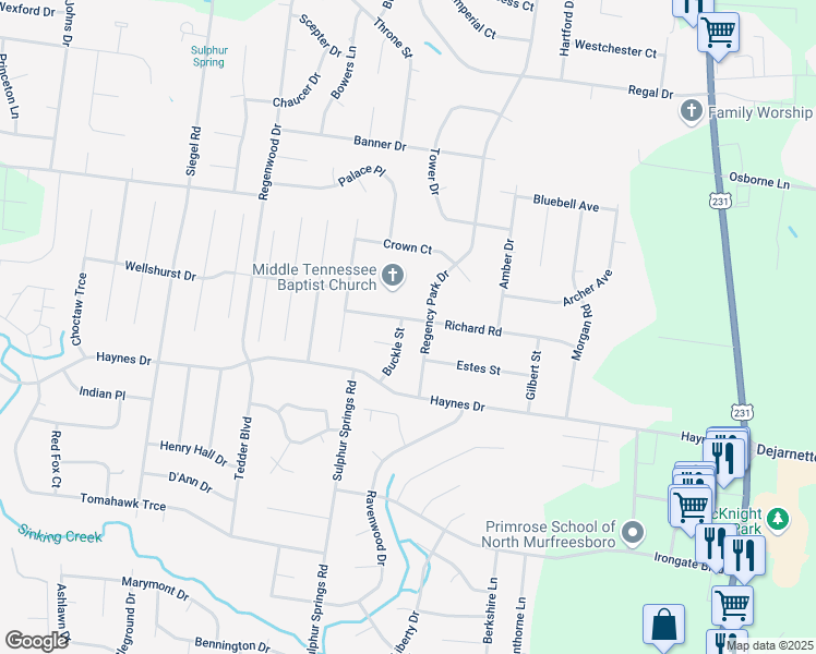 map of restaurants, bars, coffee shops, grocery stores, and more near 2522 Buckle Street in Murfreesboro