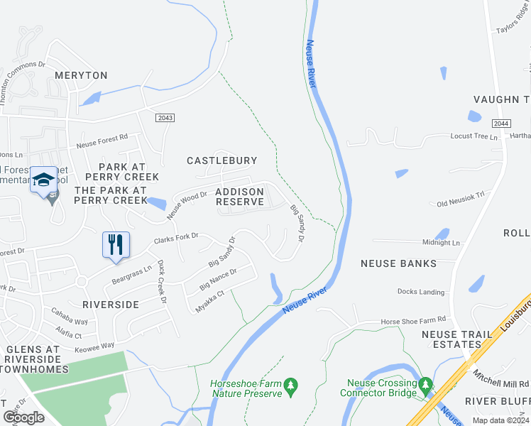 map of restaurants, bars, coffee shops, grocery stores, and more near 6110 San Marcos Way in Raleigh