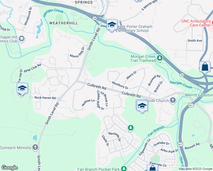 map of restaurants, bars, coffee shops, grocery stores, and more near 250 Culbreth Rd in Chapel Hill