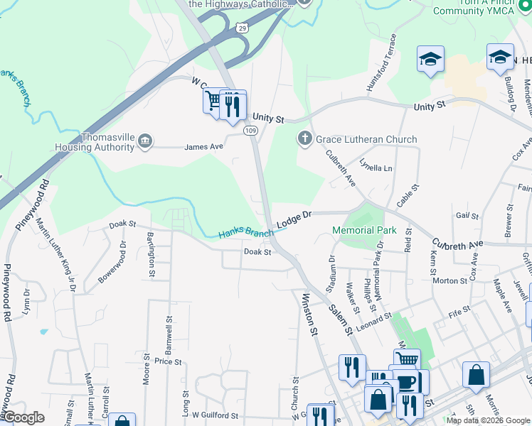 map of restaurants, bars, coffee shops, grocery stores, and more near 716 North Carolina 109 in Thomasville