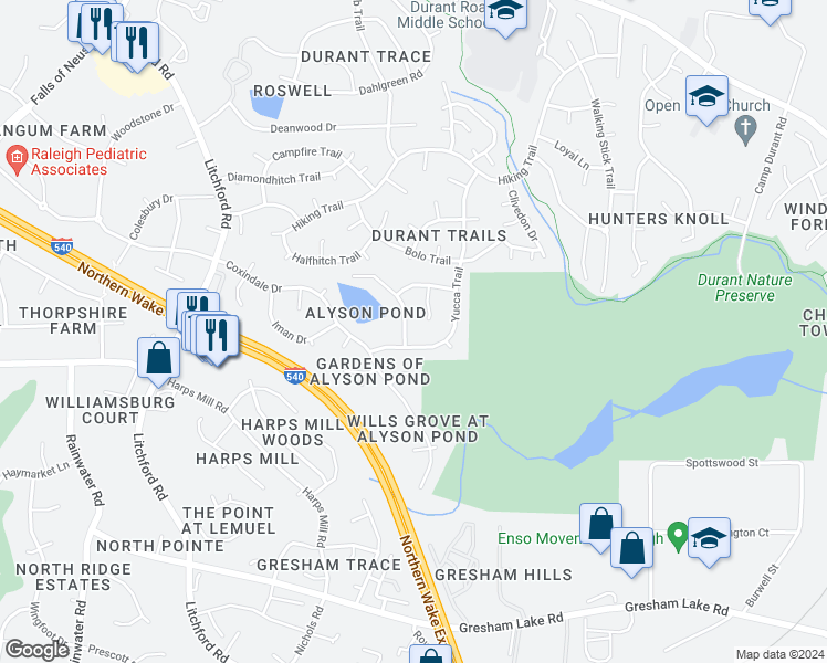 map of restaurants, bars, coffee shops, grocery stores, and more near 8504 Wheeling Drive in Raleigh