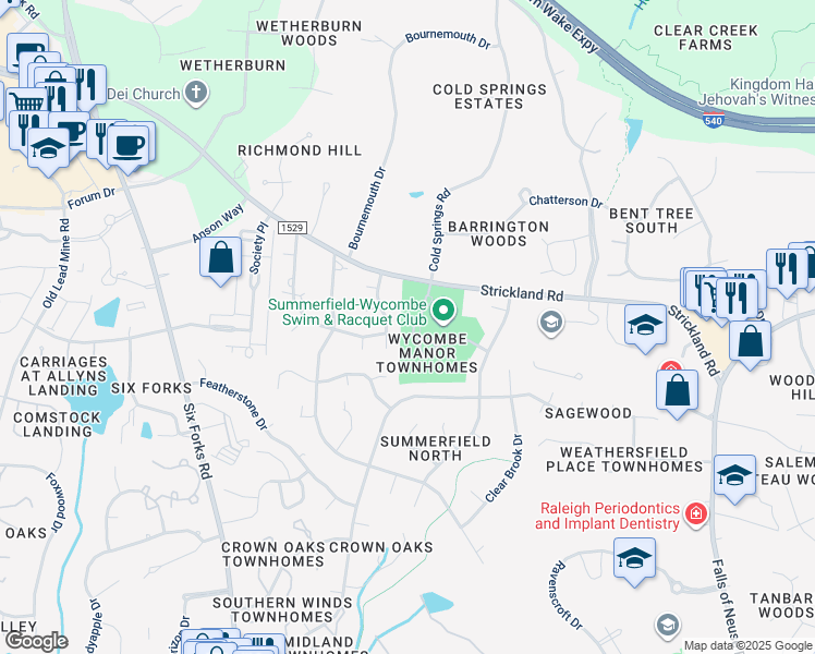 map of restaurants, bars, coffee shops, grocery stores, and more near 8417 Wycombe Lane in Raleigh