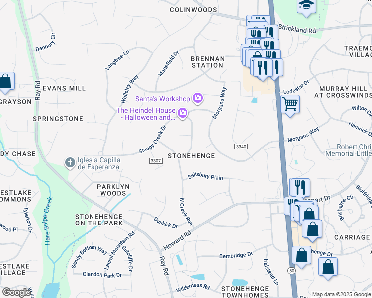 map of restaurants, bars, coffee shops, grocery stores, and more near 8305 Sleepy Creek Drive in Raleigh
