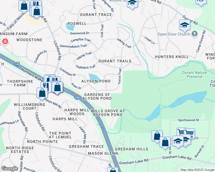 map of restaurants, bars, coffee shops, grocery stores, and more near 8504 Wheeling Drive in Raleigh