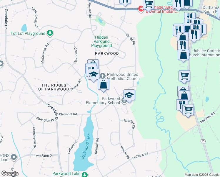 map of restaurants, bars, coffee shops, grocery stores, and more near 5141 Revere Road in Durham