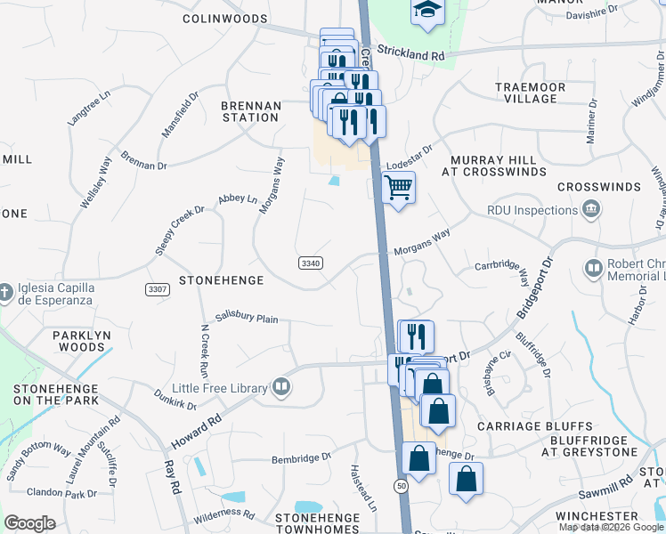 map of restaurants, bars, coffee shops, grocery stores, and more near 8220 Morgans Way in Raleigh