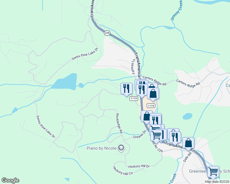 map of restaurants, bars, coffee shops, grocery stores, and more near 2203 Swiss Pine Lake Drive in Spruce Pine