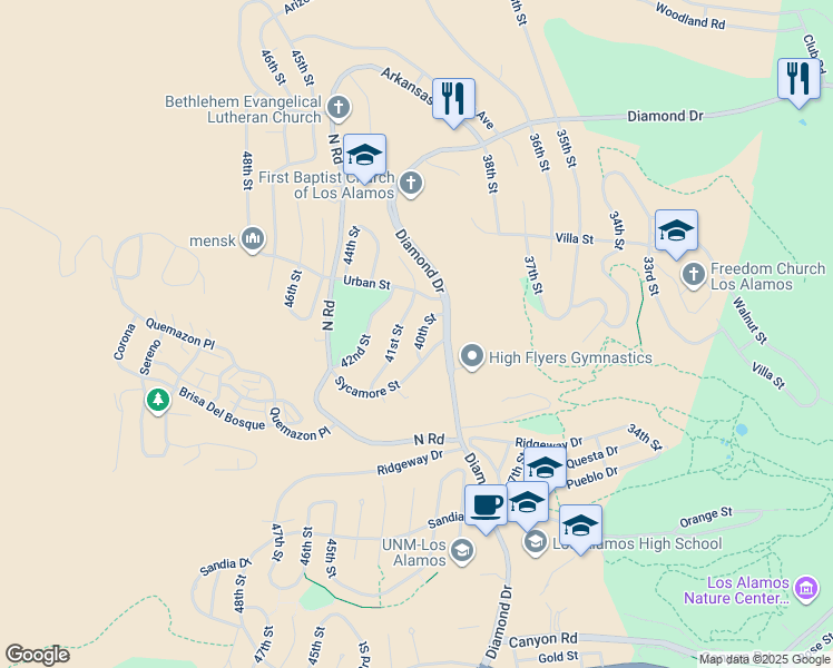 map of restaurants, bars, coffee shops, grocery stores, and more near 1945 40th Street in Los Alamos